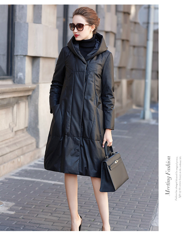 Noir Élite Leather Hooded Coat