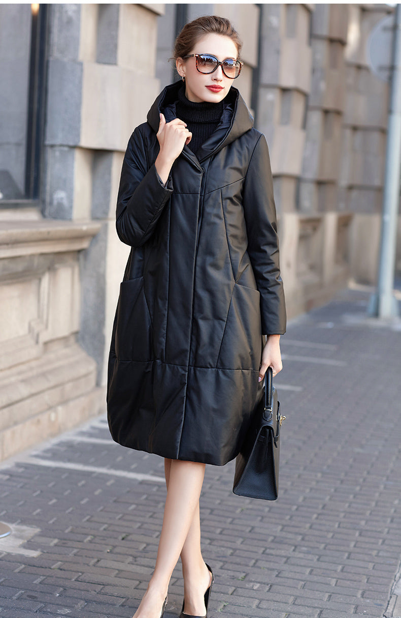 Noir Élite Leather Hooded Coat