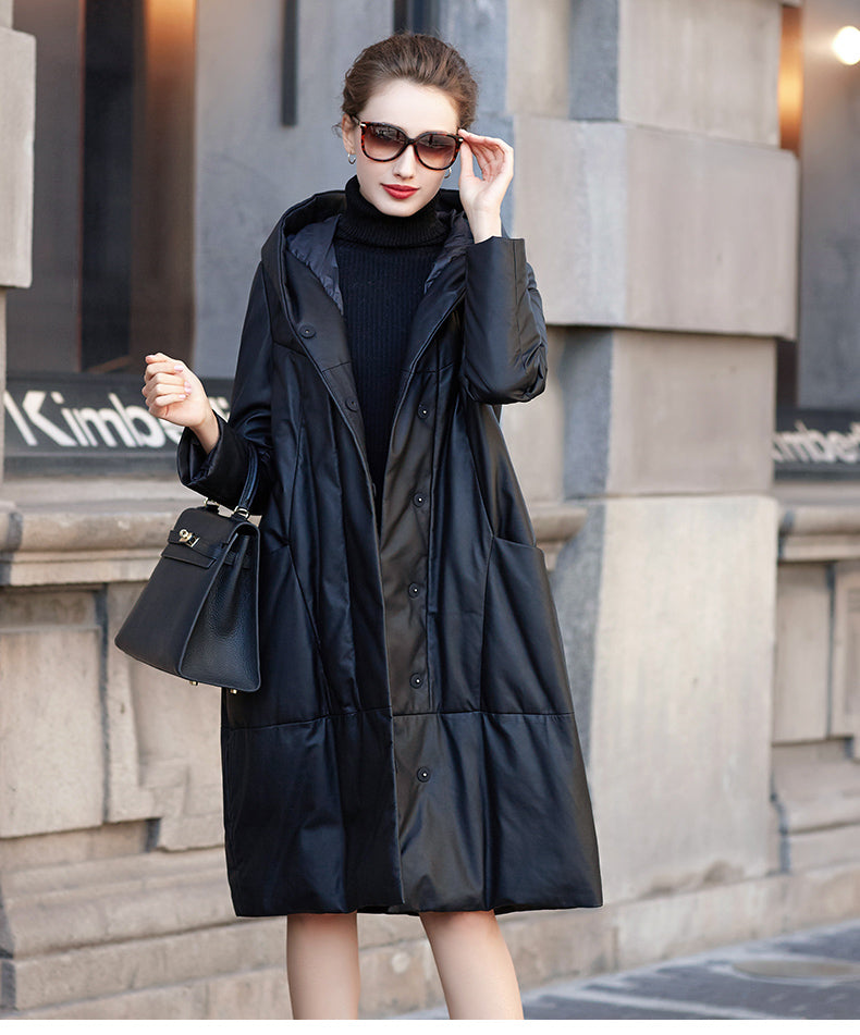 Noir Élite Leather Hooded Coat