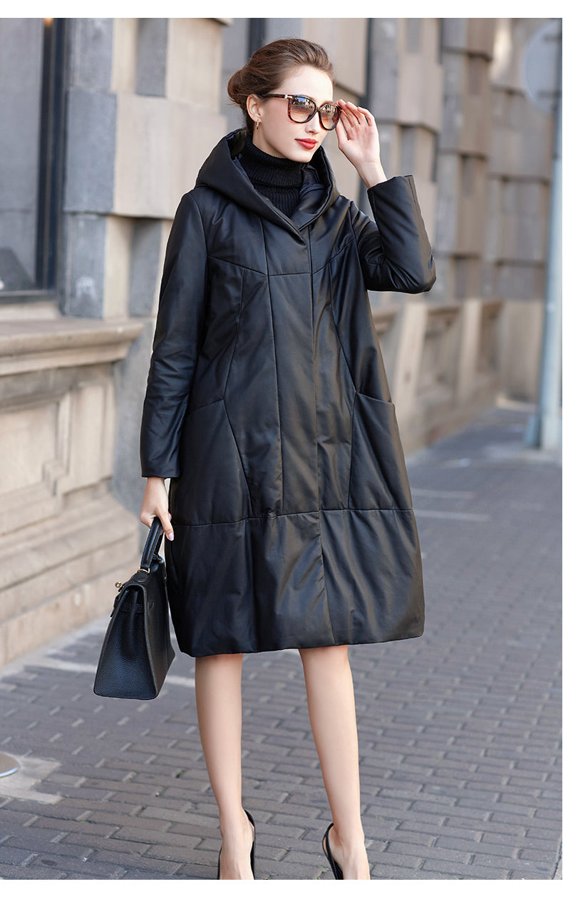 Noir Élite Leather Hooded Coat