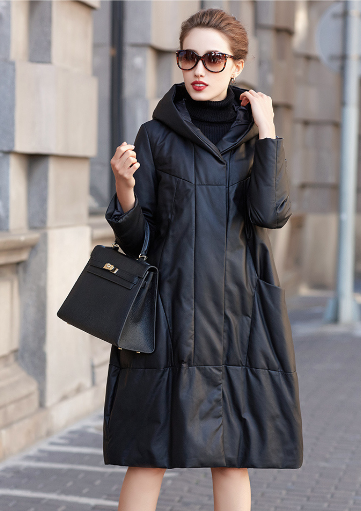 Noir Élite Leather Hooded Coat
