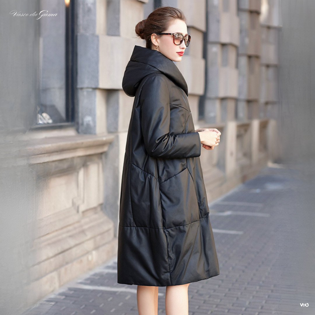 Noir Élite Leather Hooded Coat