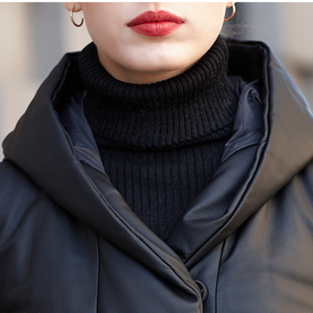 Noir Élite Leather Hooded Coat